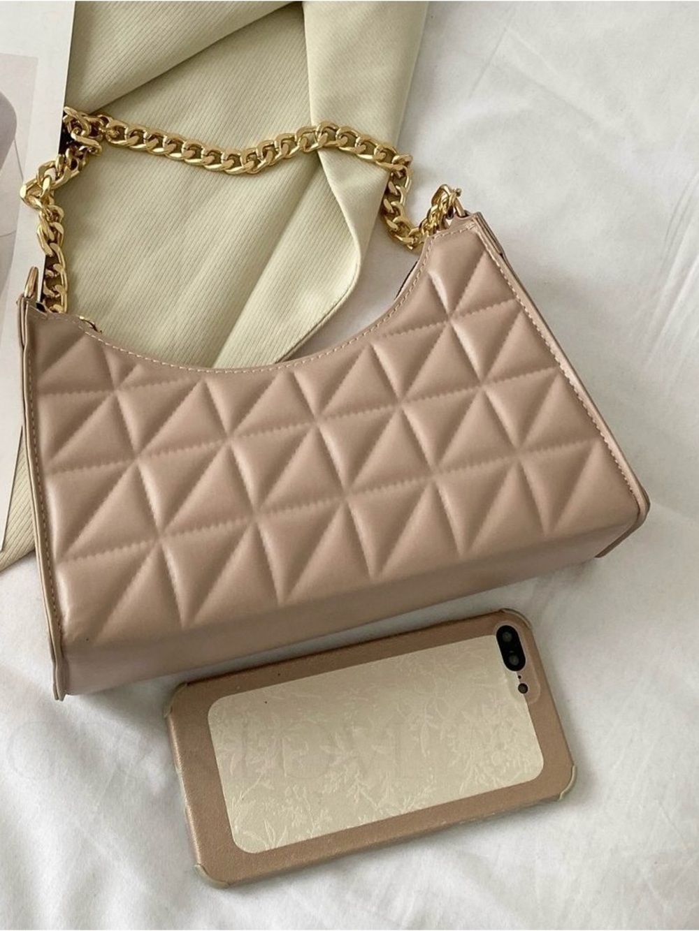 SHEIN Quilted Shoulder Bag with Gold Chain - Mauve Pink
